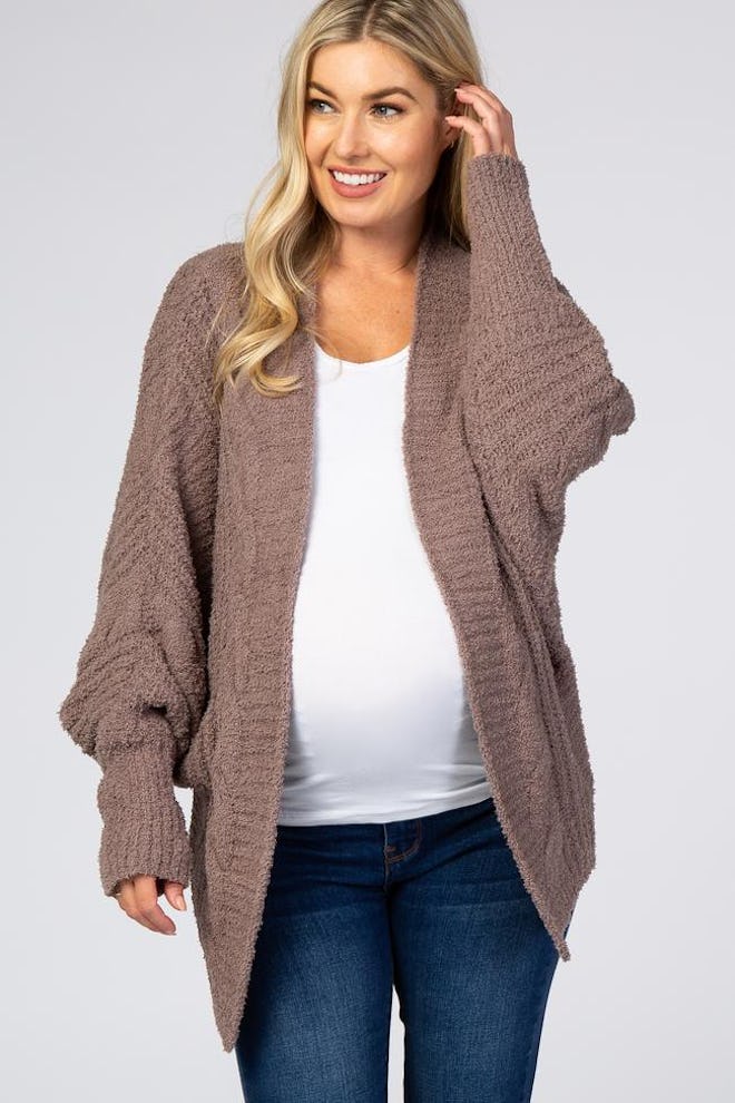 Mocha Soft Knit Cable Knit Dolman Sleeve Maternity Cardigan