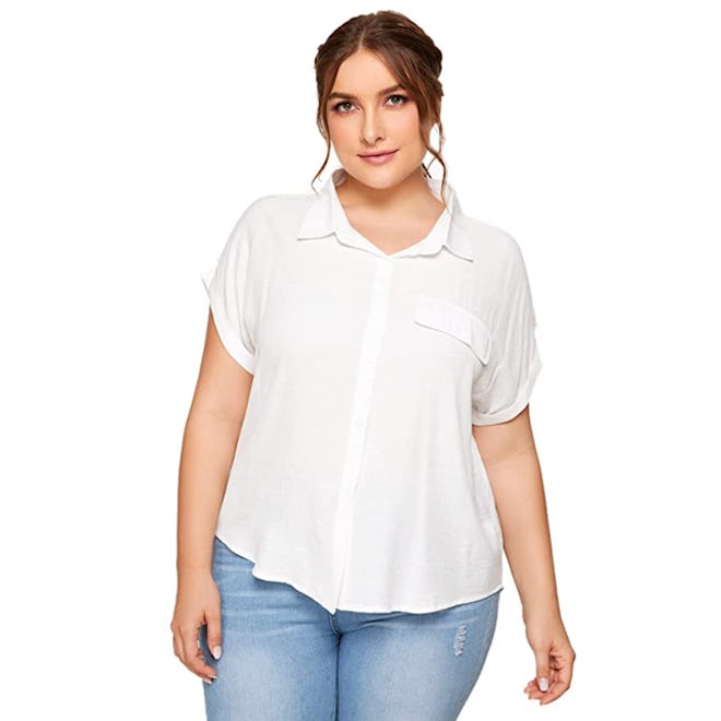 Romwe Plus Size Short Sleeve Button Down Top