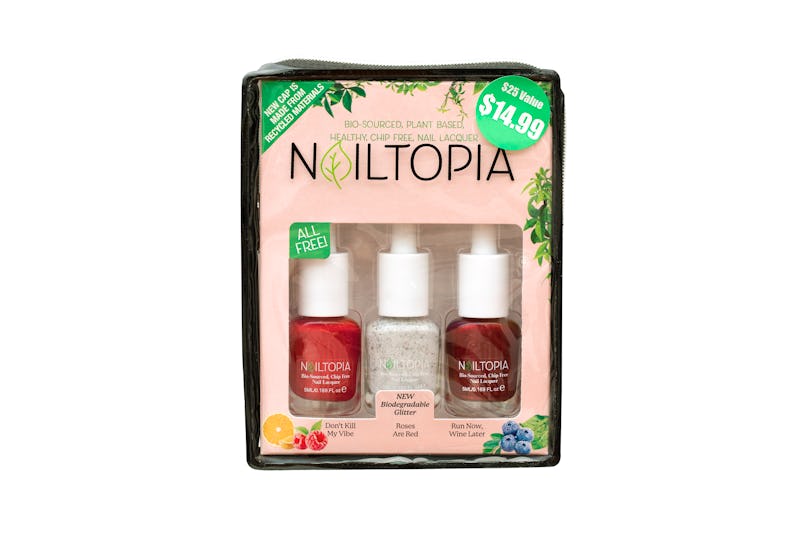 Nailtopia's new glitter polishes feature sparkles made of regenerated cellulose.