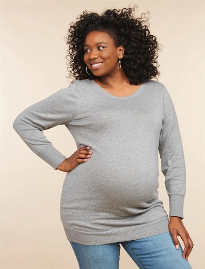 Plus Size Crew Neck Maternity Sweater in Grey