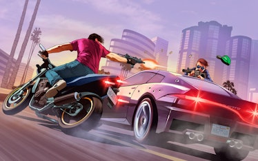 A screenshot from GTA 6 where rival criminals are shooting toward each other while driving.