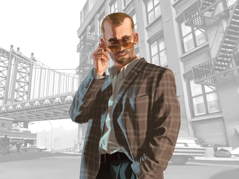 A character from GTA 6 in a grey suit and white shirt, and sunglasses