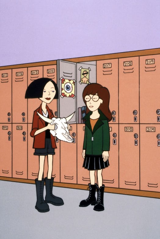 Jane talking to Daria in front of their lockers holding a cow skull.