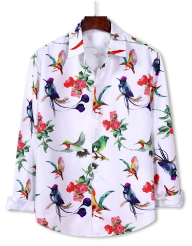 Zaful Flower Bird Pattern Button Down Shirt
