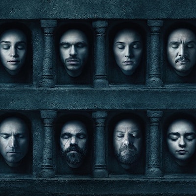 Game of thrones characters faces with their eyes closed showcased on the wall of the many-faced god