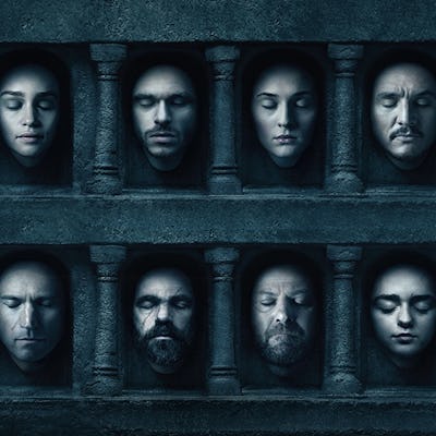 Game of thrones characters faces with their eyes closed showcased on the wall of the many-faced god