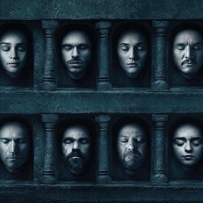 Game of thrones characters faces with their eyes closed showcased on the wall of the many-faced god