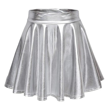 EXCHIC Women's Shiny Metallic Wet Look Stretchy Flared Mini Skater Skirt