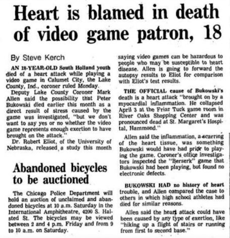 Article titled "Heart is blamed in death of video game patron, 18."