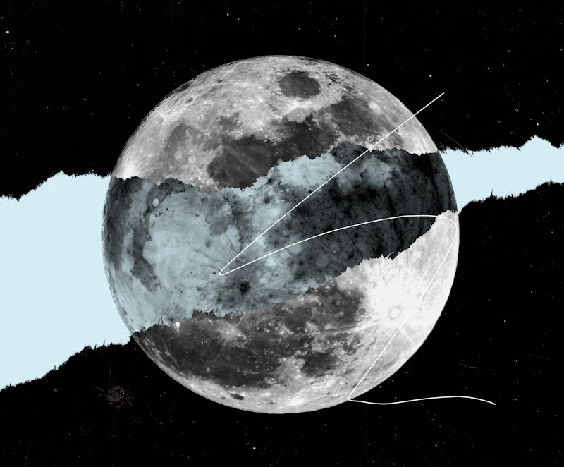 The full moon in black and white with abstract shapes and lines over it