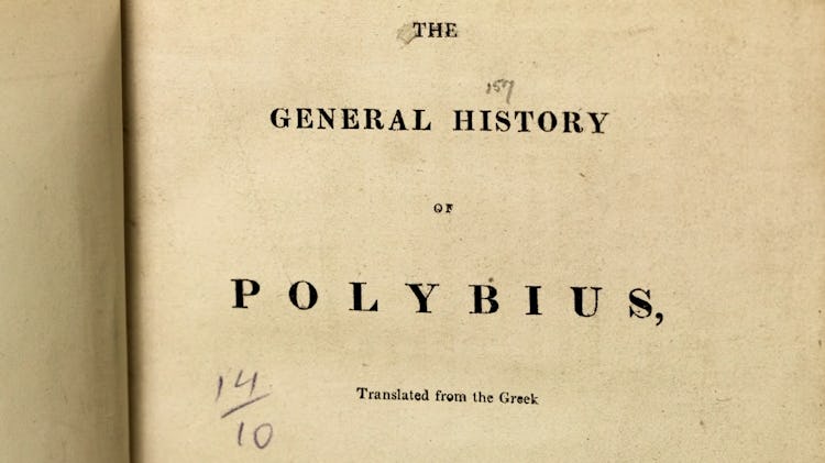 A photo of an old book about the philosopher Polybius.