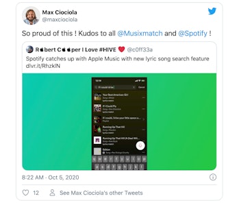 Tweet from Musixmatch's CEO saying he's proud of Spotify's new lyric search feature.