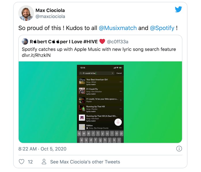 Tweet from Musixmatch's CEO saying he's proud of Spotify's new lyric search feature.