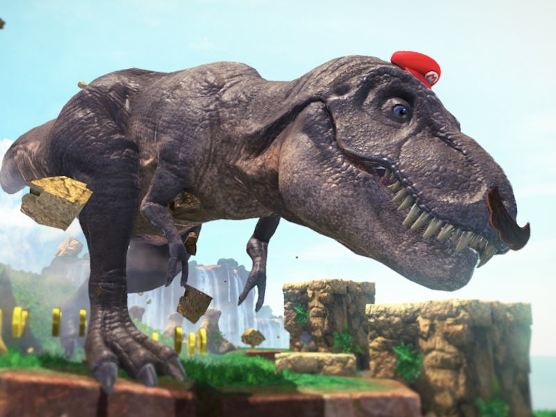 A T-rex is pictured wearing Mario's iconic red hat and a fake mustache. 