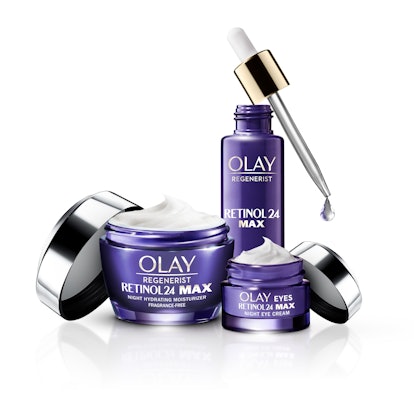 Olay's New Regenerist MAX Retinol24 Night Collection: Face Moisturizer, Serum, and Eye Cream.