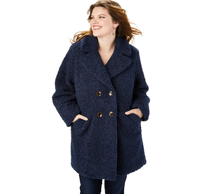 Roamans Plus Size Double-Breasted Teddy Coat
