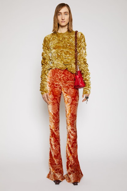 Floral-Jacquard Velvet Trousers Rust Orange