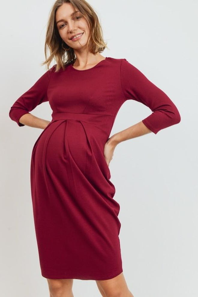 3/4 Sleeve Round Neck Front Pleat Maternity Dress