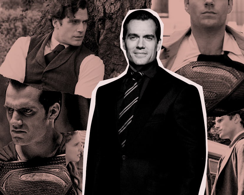 Henry Cavill in a black suit and striped tie in front of stills of him from various movies