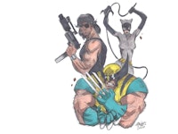 Illustration of greatest antiheroes, featuring Wolverine, Snake Pliskin and Cat Woman.