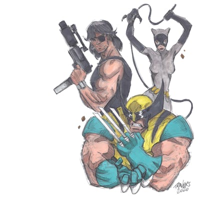 Illustration of greatest antiheroes, featuring Wolverine, Snake Pliskin and Cat Woman.