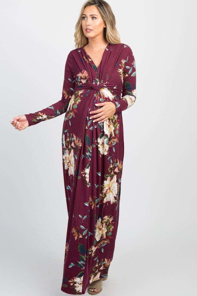 Burgundy Floral Front Twist Long Sleeve Maternity Maxi Dress