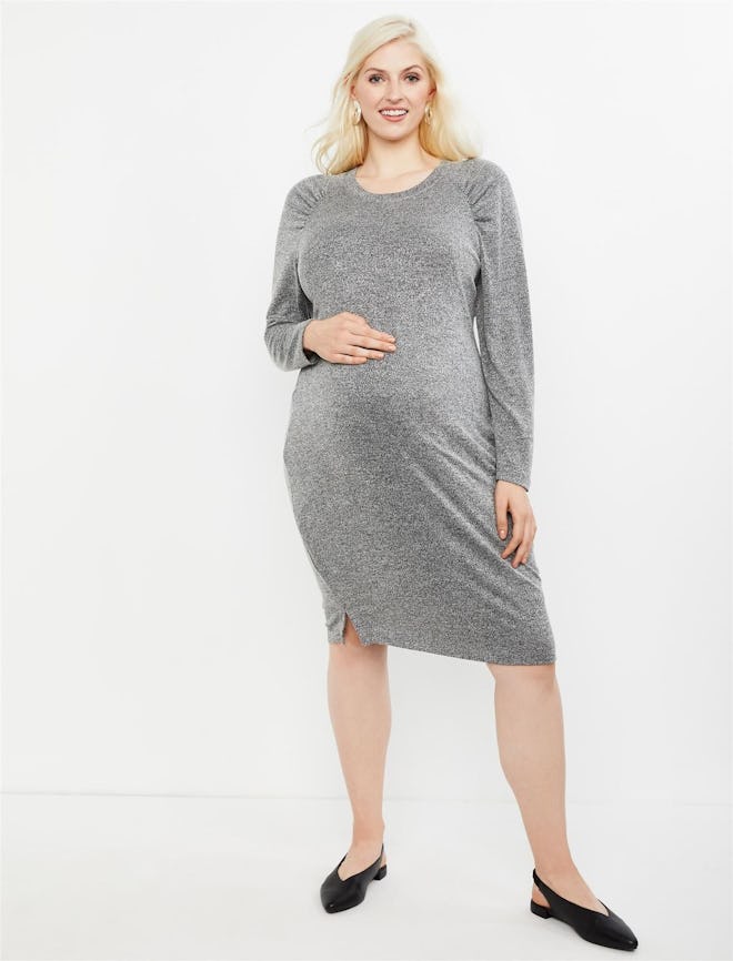 Plus Size Gathered Sleeve Maternity Sweater Dress in Grey Marl