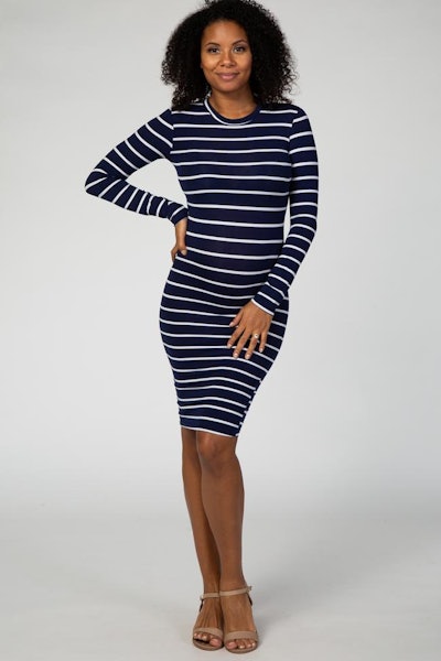 Navy Blue Striped Long Sleeve Fitted Maternity Dress