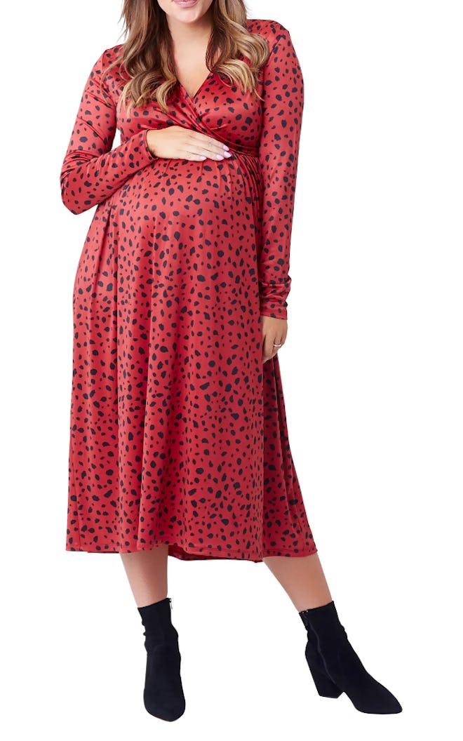 NOM Maternity Augusta Print Long Sleeve Maternity/Nursing Dress in Russet Abstract Dot