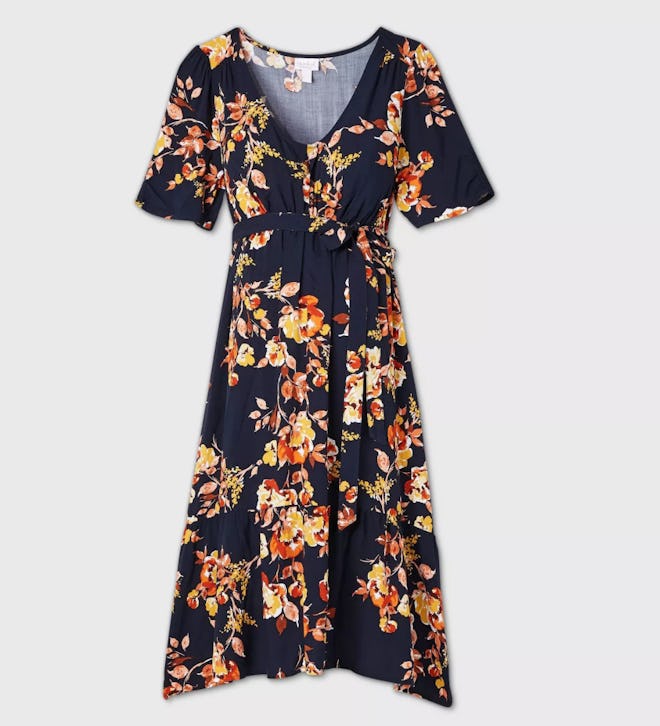 Floral Print Elbow Sleeve Woven Tier Maternity Dress in Navy