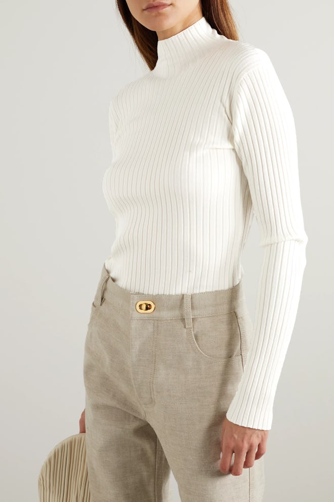 Open-Back Ribbed Merino Wool-Blend Turtleneck Sweater