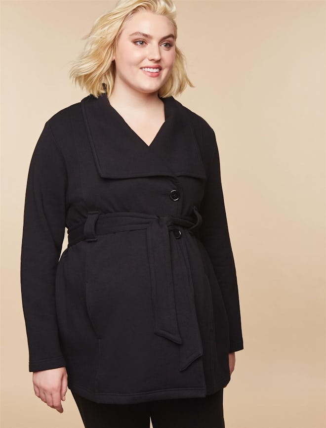 Plus Size Removable Waist Tie French Terry Maternity Peacoat