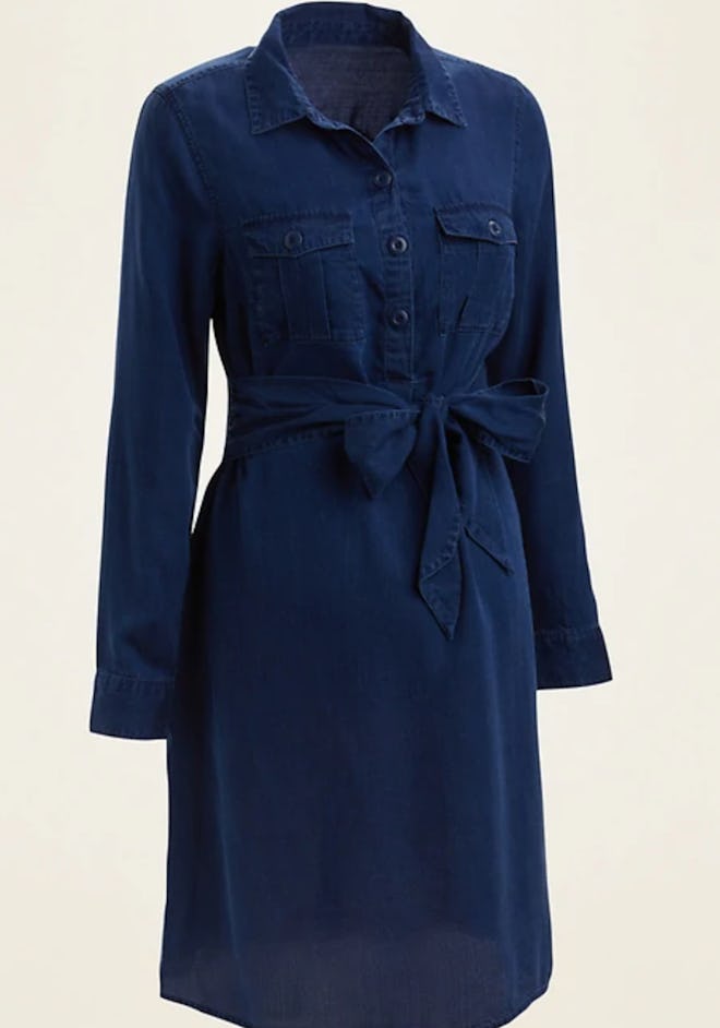 Maternity Chambray Utility Tie-Belt Shirt Dress