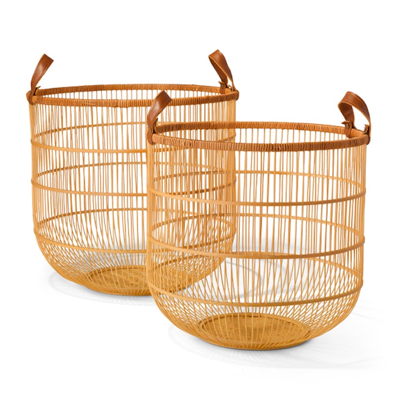 Bamboo Basket with Faux Leather Handle