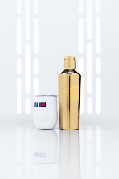 An R2-D2 cup and C-3PO tumbler from the 'Star Wars' Corkcicle collection sits in a white space. 