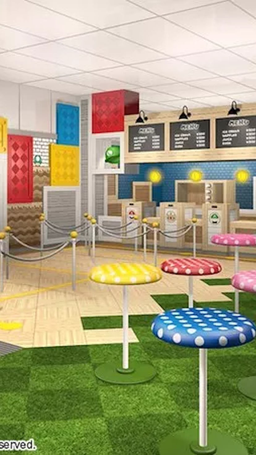 A render of a cafe in Super Nintendo World which is set to open in Spring 2021.