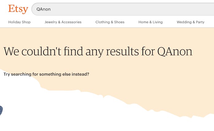 Screenshot of empty Etsy search results for QAnon