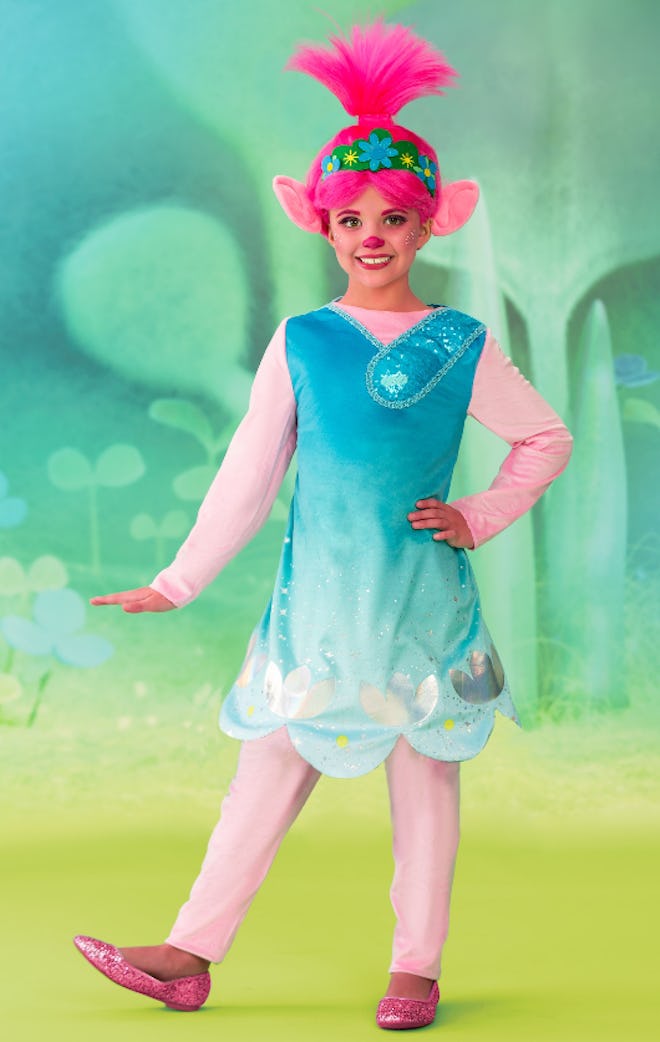 A short-sleeved dress, like Poppy's from Trolls, makes a great hot weather Halloween costume for kid...