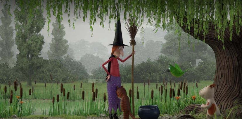 A witch has to make some room on her broom for her furry friends