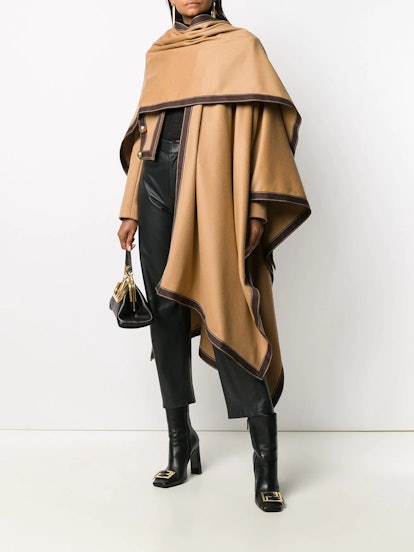 Contrast-Trim Draped Poncho