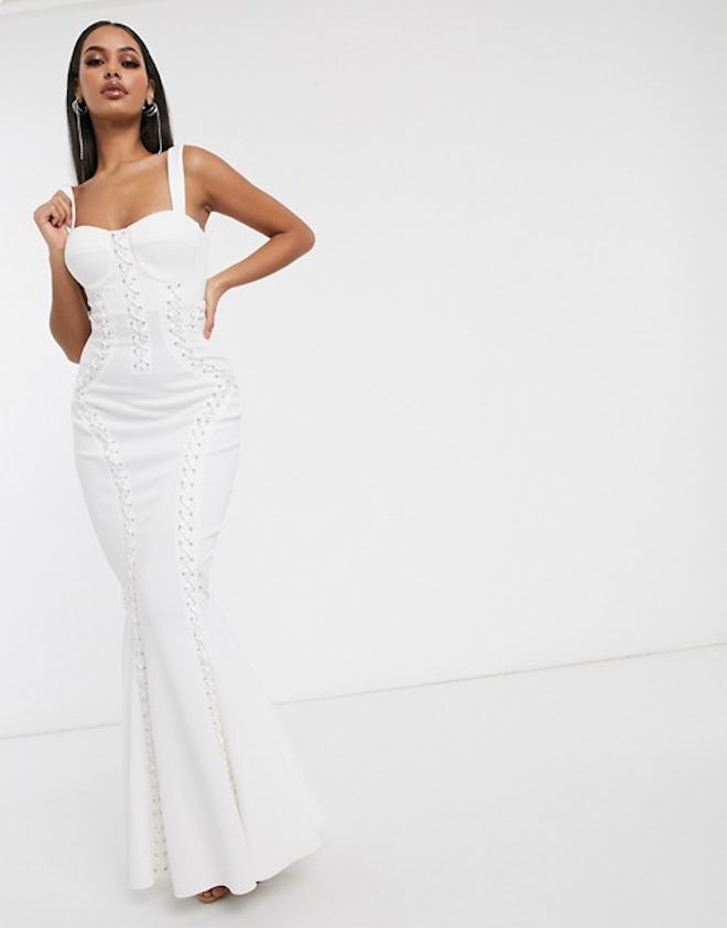 Premium extreme lace up cami maxi dress in white
