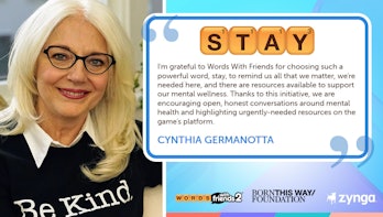 Photo of Cynthia Germanotta with quote text to the right discussing the mental health awareness init...