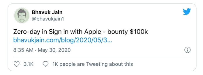 Screenshot of tweet promoting Apple's bounty program