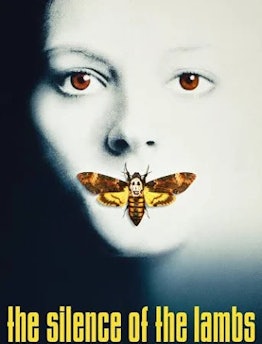 "Silence of the Lambs" movie poster with Jodie Foster and a moth covering her mouth.