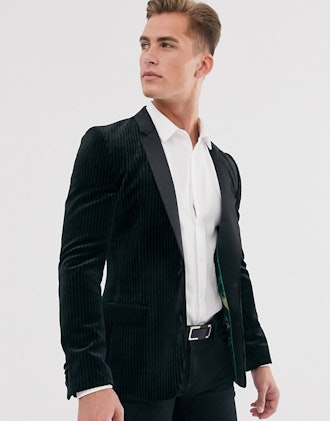 Super skinny tuxedo blazer with plisse velvet in black