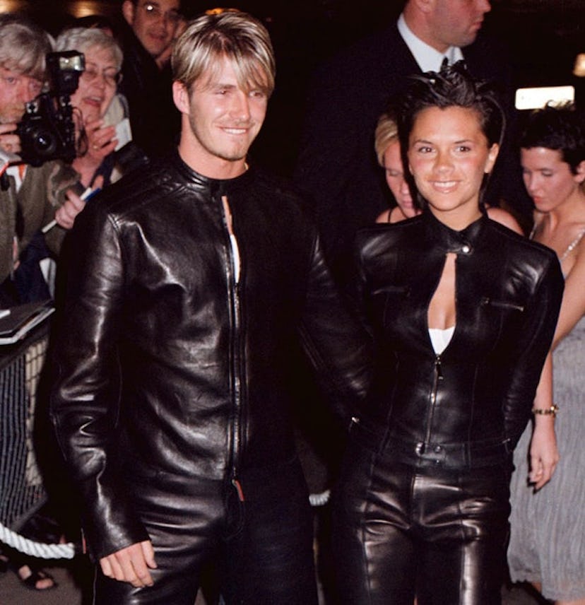 David and Victoria Beckham wearing matching black leather biker suits