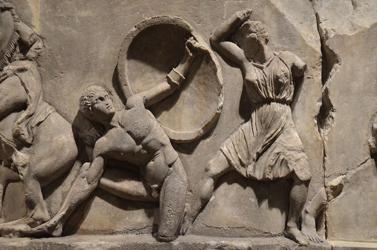 A marble slab depicting an Amazon doing battle with the Greeks dated to 350 BCE.