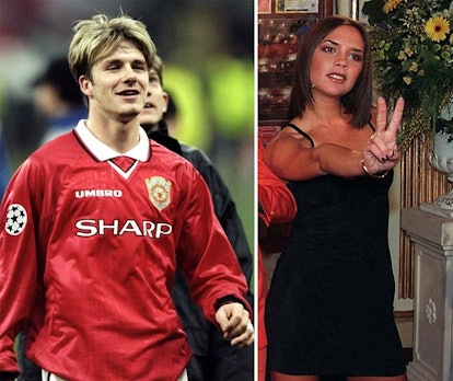 A picture of david beckam wearing a '90s style football shirt and Victoria Beckham making the V sign...