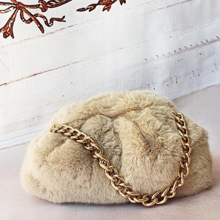 RiannaPhillips Cream Faux Fur & Chain Cloud Clutch Bag