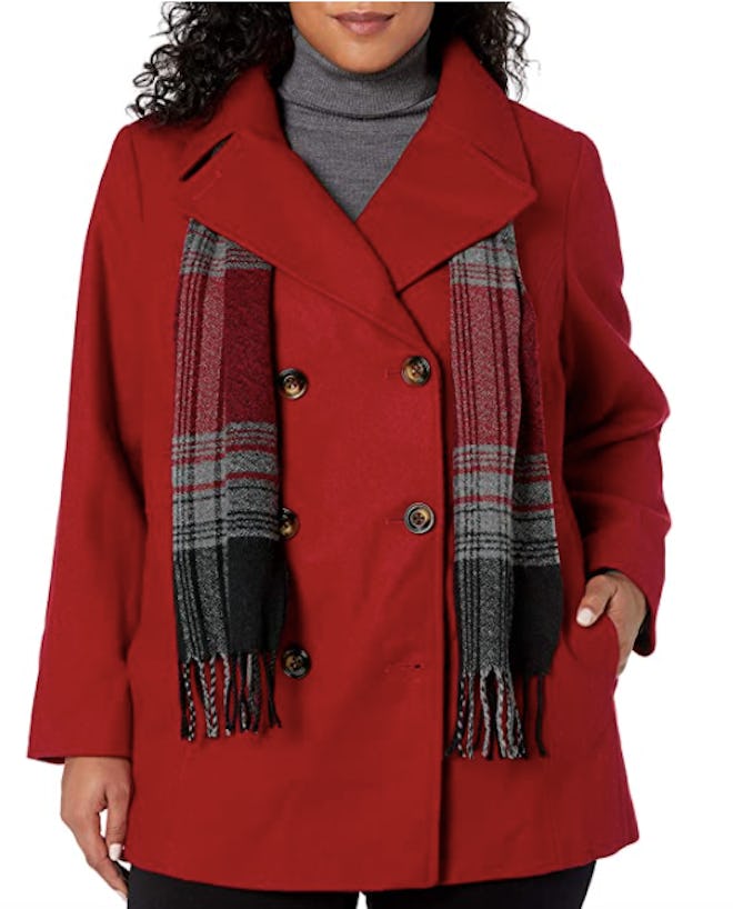 London Fog Double Breasted Peacoat With Scarf